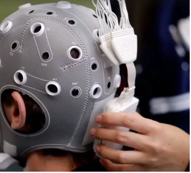 A person wearing a helmet with cables