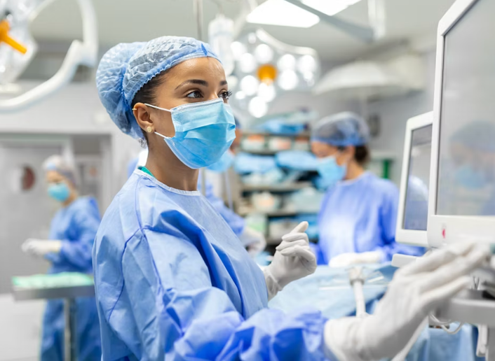A woman looking at a surgery monitor