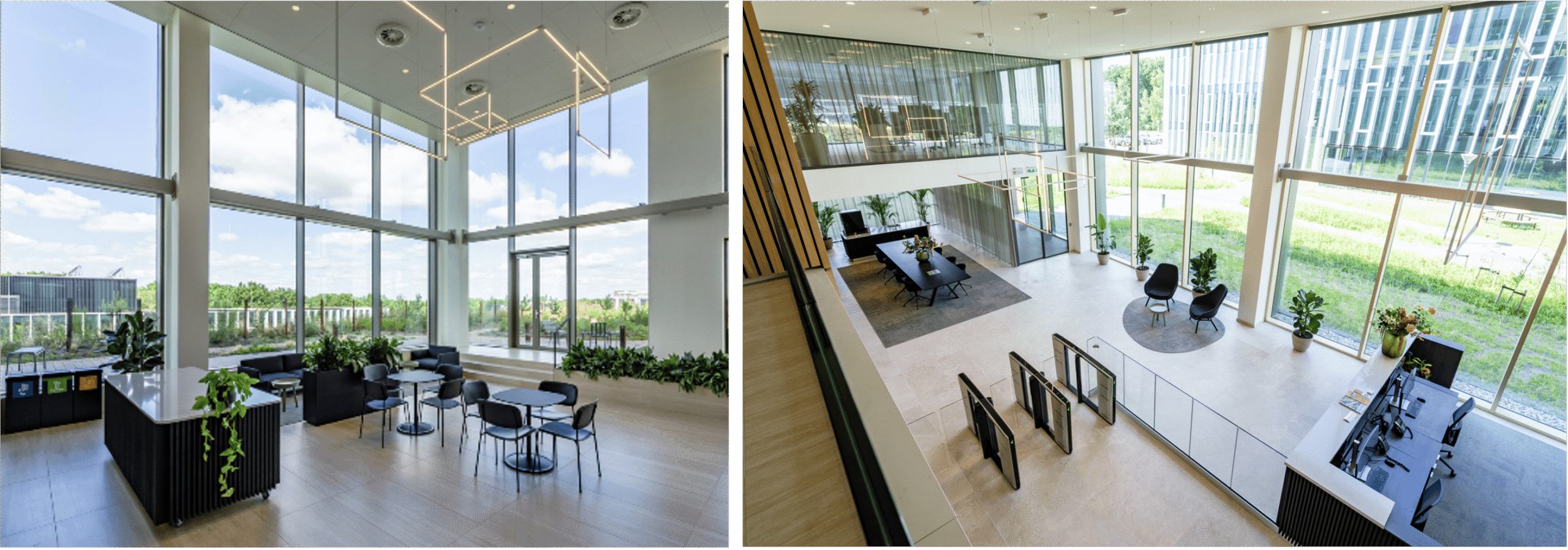 Interior shots of a reception area and a community space in an office building