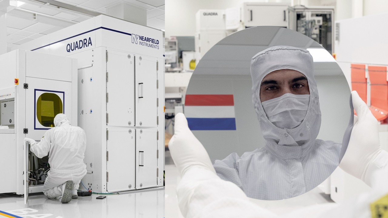 Person wearing gear in clean room. Nearfield Instruments, High Tech Camups Eindhoven